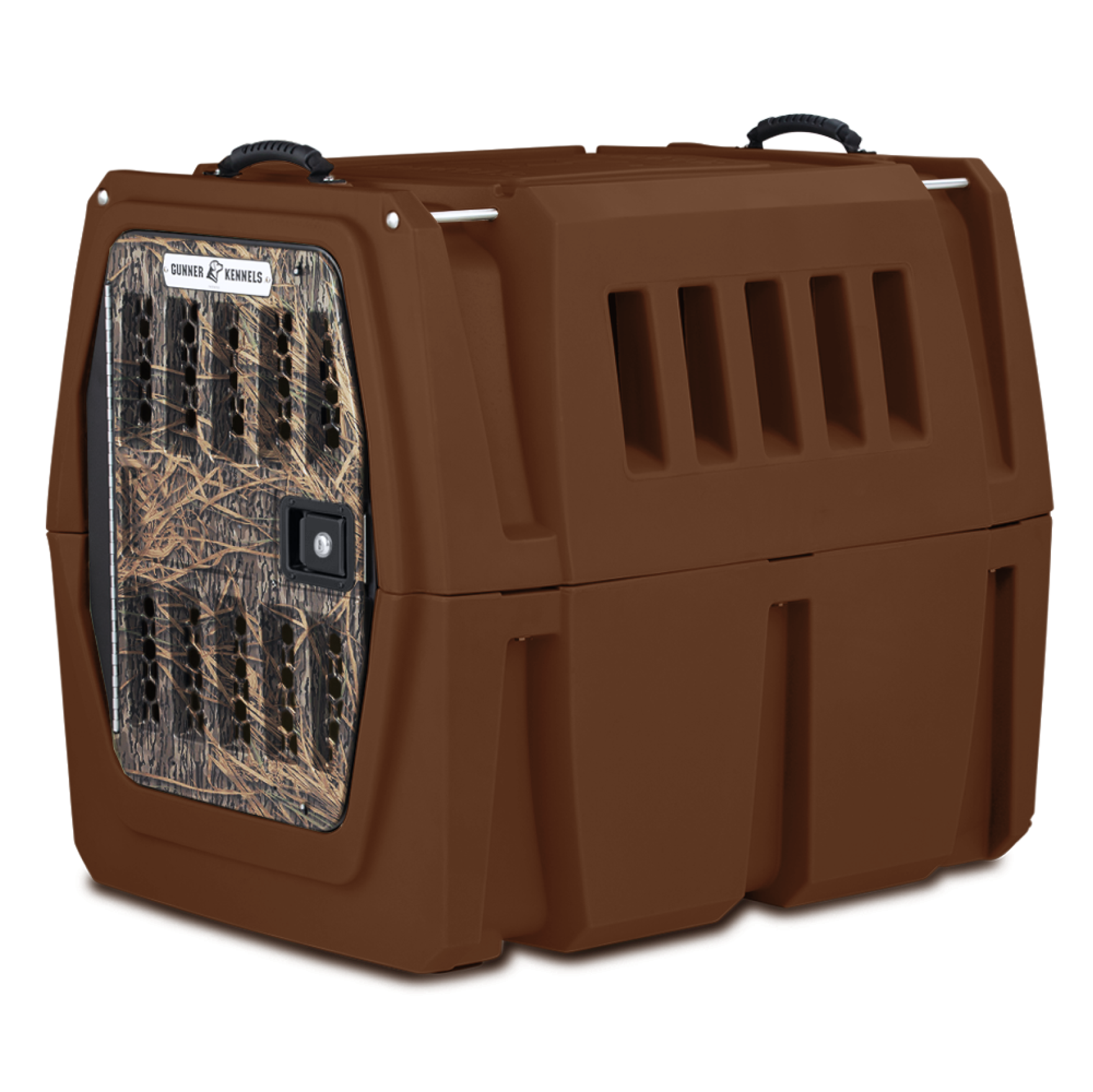The GUNNER G1™ KENNEL - SUSQUEHANNA/MOSSY OAK SHADOW GRASS is a heavy-duty brown crate with Mossy Oak front door, side vents, and sturdy top handles—ideal for duck and goose hunters.