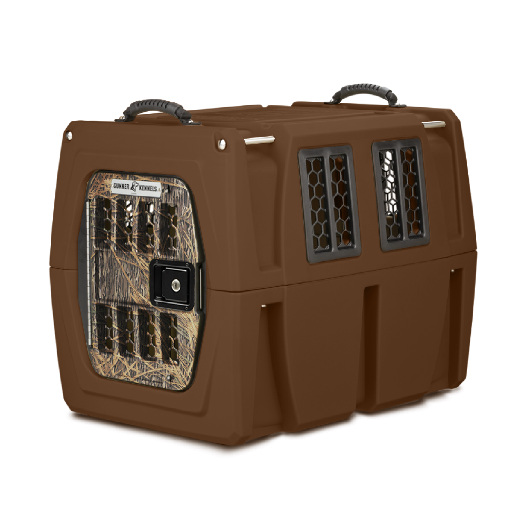 The GUNNER G1™ KENNEL – SUSQUEHANNA/MOSSY OAK SHADOW GRASS is a brown hard plastic crate with two handles, vented side windows, and a secure Mossy Oak front door—perfect for duck and goose hunters. Shown on a plain white background.