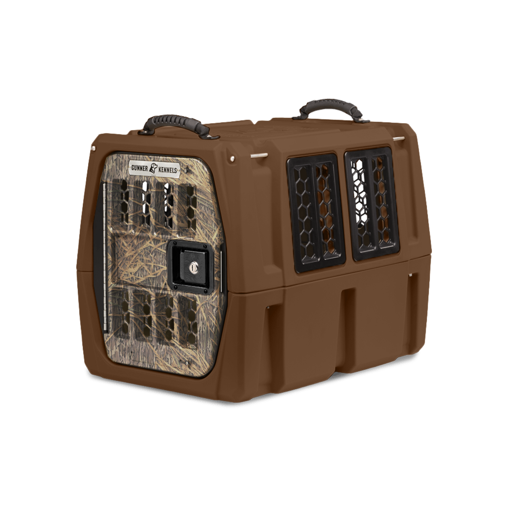 The GUNNER G1™ KENNEL - SUSQUEHANNA/MOSSY OAK SHADOW GRASS is a durable brown plastic pet kennel with a Mossy Oak pattern door, black ventilation windows, secure latch, and carrying handles—ideal for duck and goose hunters.