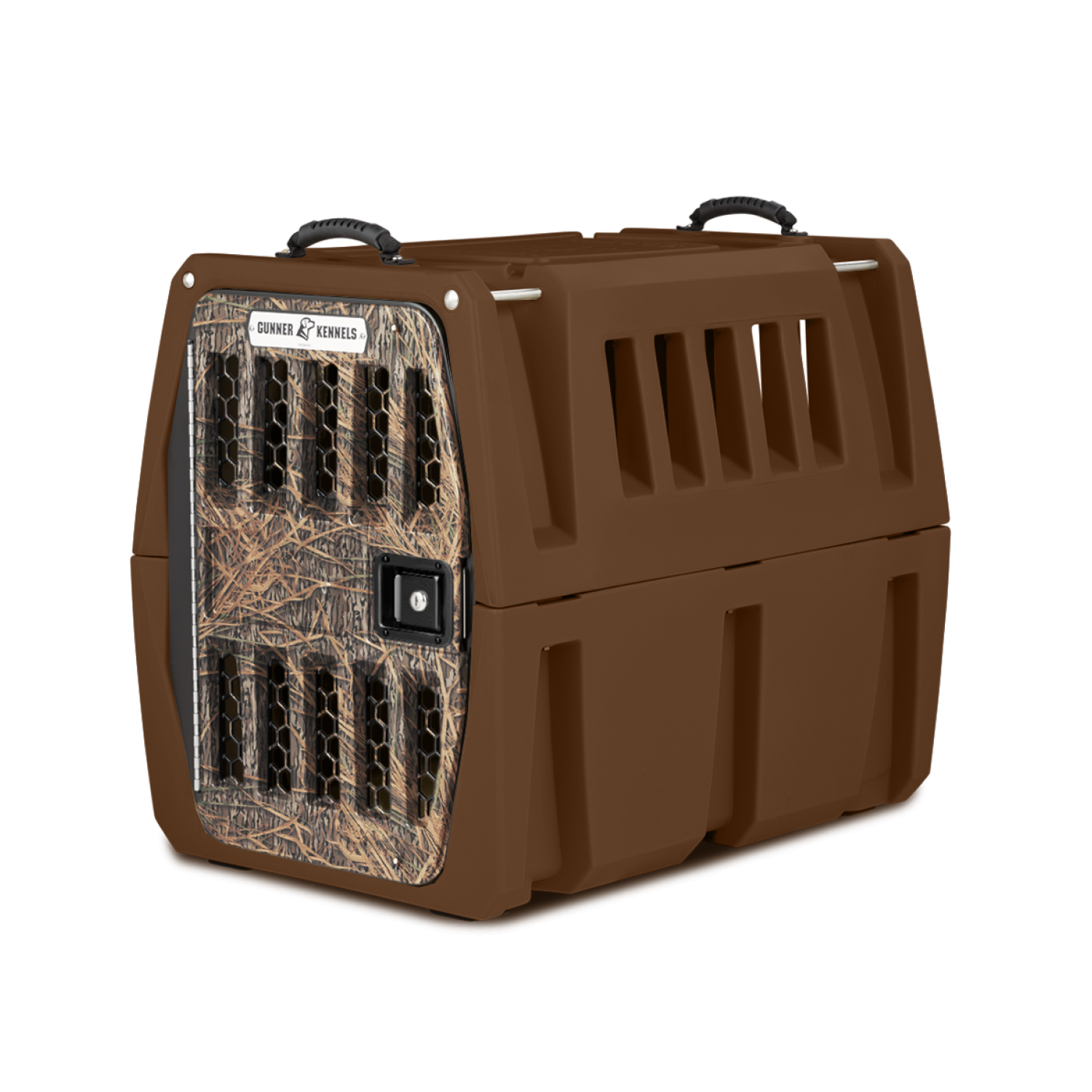 The GUNNER G1™ Kennel - Susquehanna/Mossy Oak Shadow Grass is a durable brown plastic pet crate with a Mossy Oak pattern front door, multiple ventilation slats, and two black top handles for superior dog protection.
