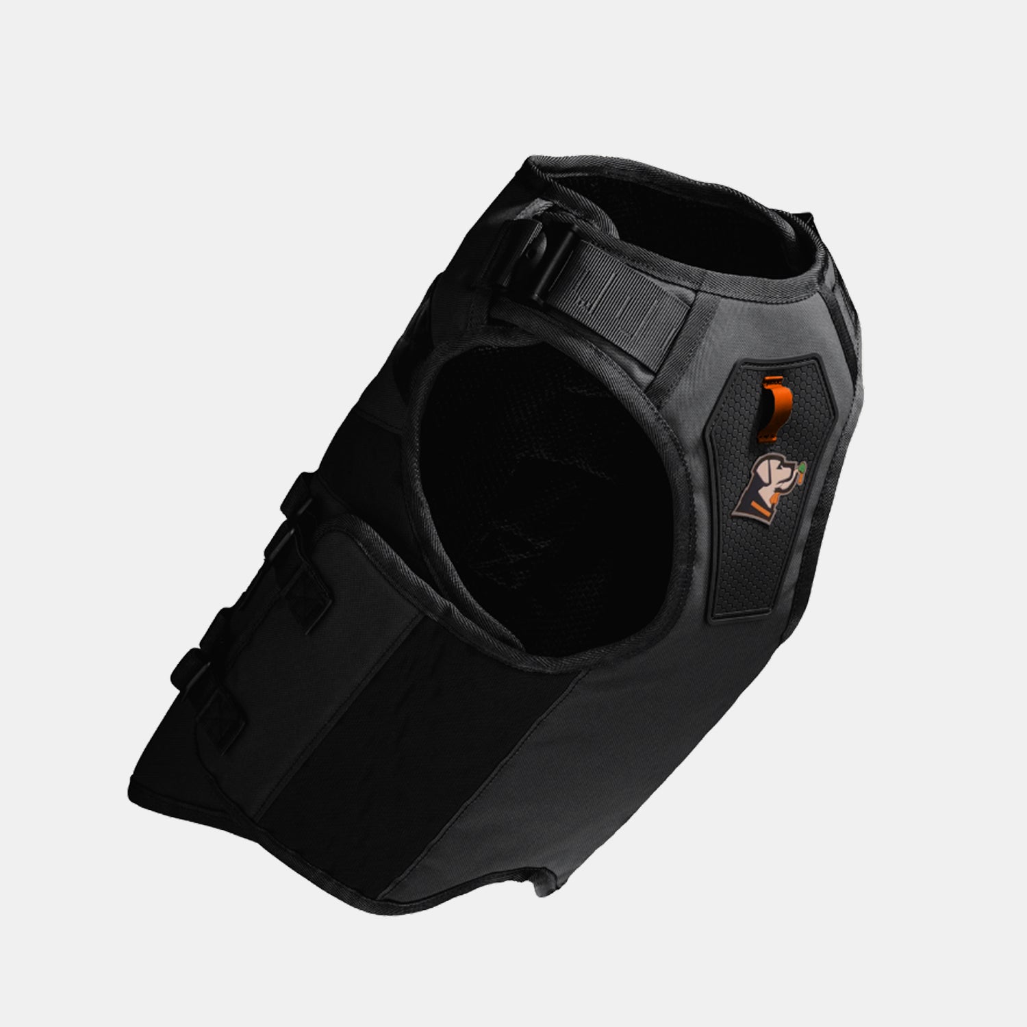 The GUNNER x 2F.7 Waterfowl Dog Vest by GUNNER is a black, padded tactical vest with adjustable straps, a top handle, and an orange and white logo on the side, displayed against a plain white background.