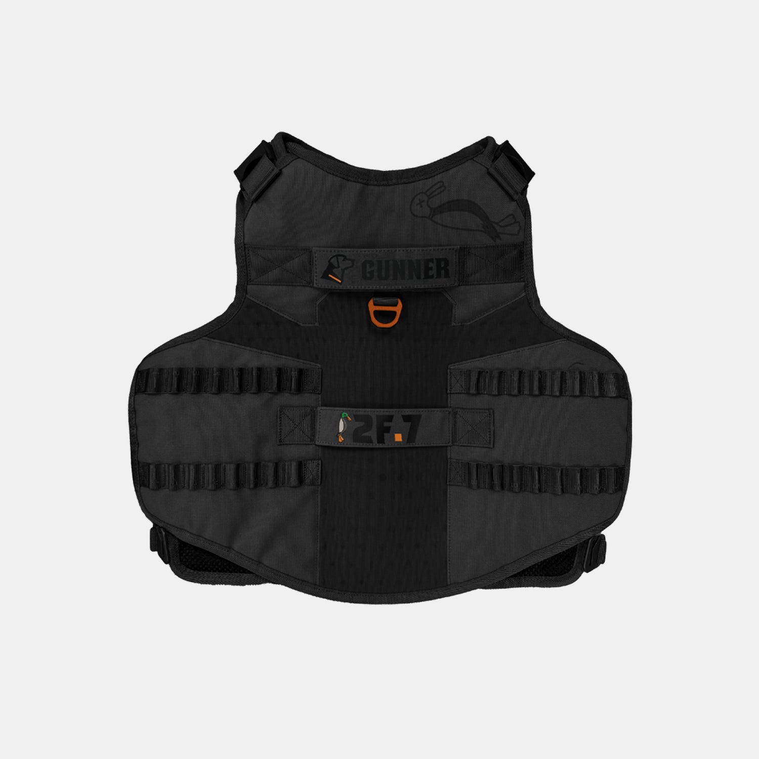 The GUNNER x 2F.7 Waterfowl Dog Vest by GUNNER is a black tactical vest with orange accents, adjustable straps, a handle, MOLLE webbing, and a patch area labeled 2F.7, shown on a plain white background.