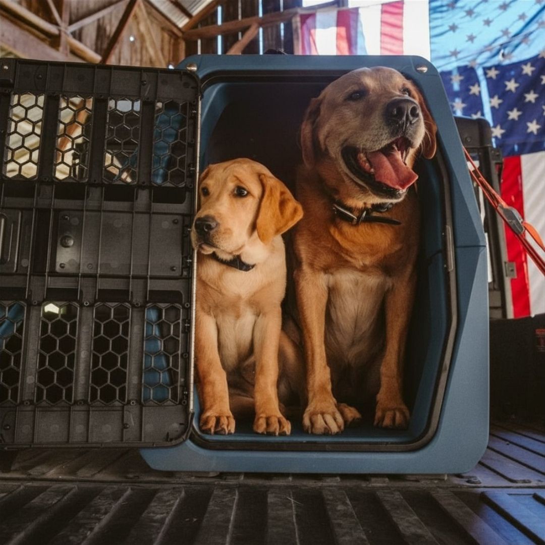 Two yellow Labrador dogs, one puppy and one adult, sit together in a sturdy blue dog crate. The background features American flags hanging inside a building with visible wooden beams, creating a cozy atmosphere for the dogs’ kennel.