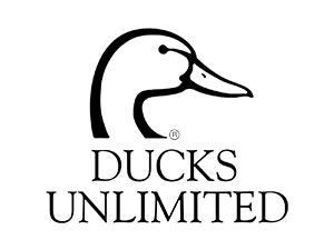 Black outline of a duck’s head and beak above the words “DUCKS UNLIMITED” in bold, uppercase letters on a light background. Simple and minimalistic, this logo appeals to hunting dog enthusiasts.