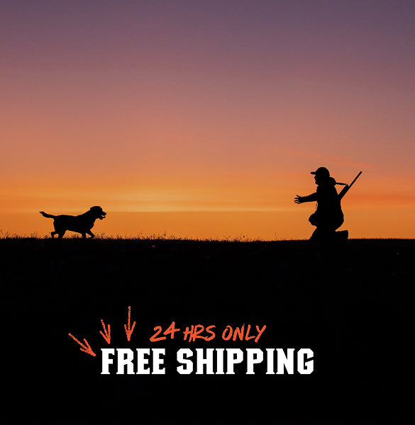A sunset silhouette scene with a dog on the left and a person holding a rifle kneeling on the right, above large text reading '24 HRS ONLY FREE SHIPPING' on a black background.