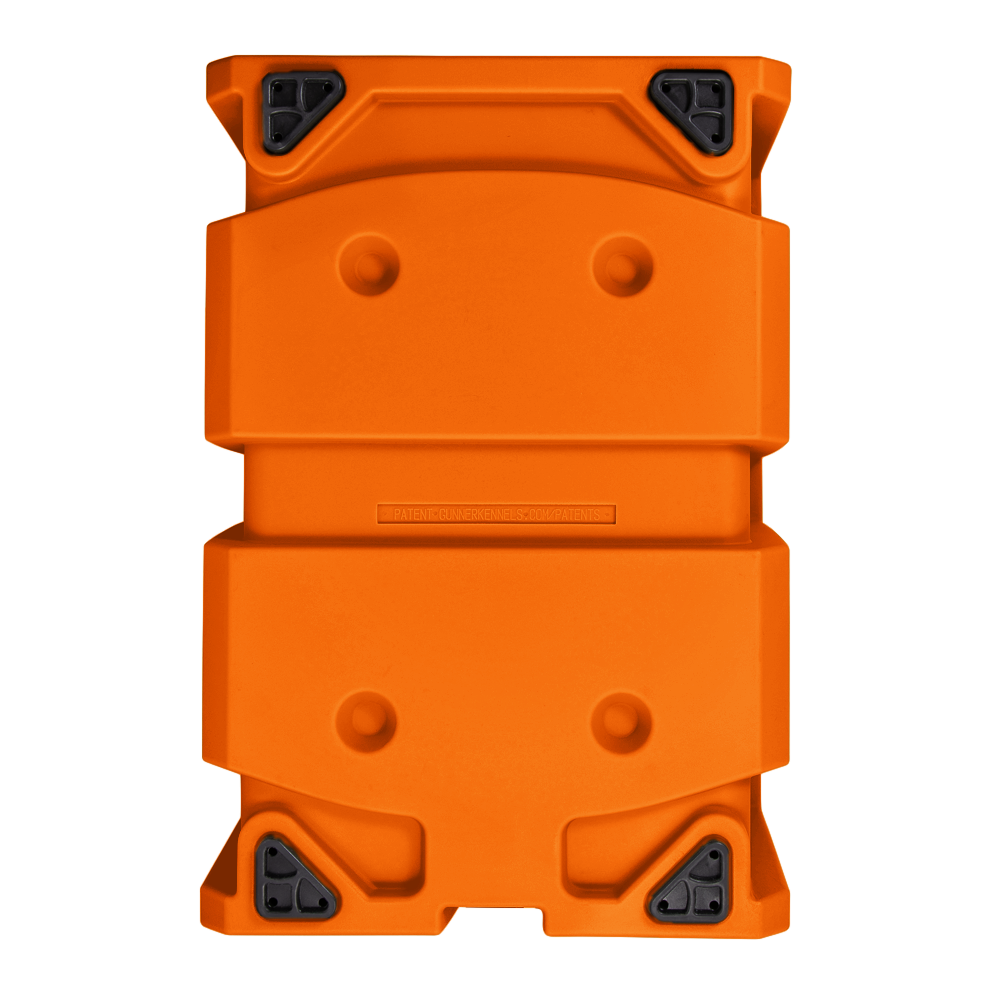 Bright orange hard plastic case with a rectangular shape, rounded edges, and four black reinforced corners—ideal for storing outdoor gear or essentials for your hunting dog. Shown from above on a plain white background.