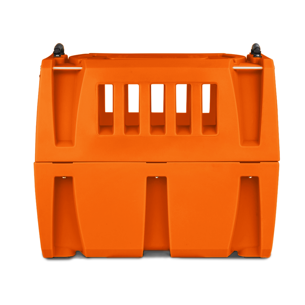 Bright orange, heavy-duty plastic dog crate with vented slats on the upper half and solid panels on the lower half, ideal for storage or transport of a working dog or hunting dog, shown on a plain white background.