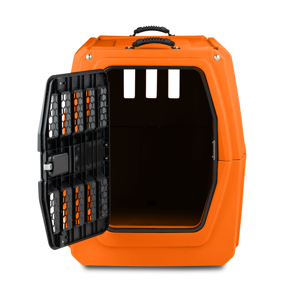 The GUNNER G1™ KENNEL - BLAZE ORANGE is a hard-sided dog crate with a black ventilated door open, showing an empty interior and three rectangular air holes at the back, all set against a plain white background for boosted visibility and style.