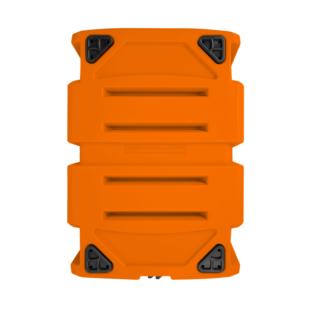 The GUNNER G1™ KENNEL - BLAZE ORANGE is a rectangular hard shell case featuring four black reinforced corner protectors and raised horizontal ridges, shown against a plain white background.