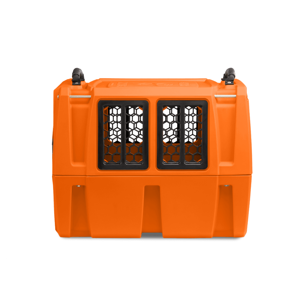 Bright orange dog crate with a rectangular shape, black handles on top, and a black mesh window on the front for ventilation. Ideal as portable outdoor gear. The background is plain white.
