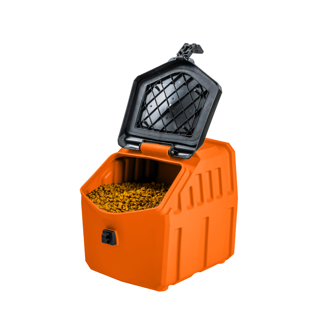 The GUNNER OPEN BOX FOOD CRATE is a rugged, bright orange, pest-proof dog food container with a black hinged lid, secure front latch, and convenient access to dry pet food or pellets.