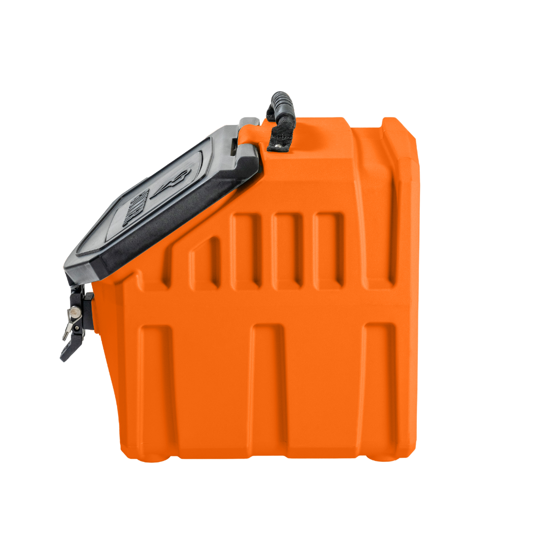 The GUNNER FOOD CRATE - BLAZE ORANGE by GUNNER is a rectangular dog food storage container with a black lid, lock, and handle, set against a white background. This limited-edition case combines standout style with everyday functionality.