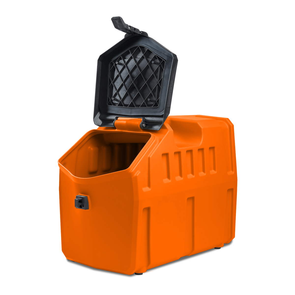 The GUNNER FOOD CRATE - BLAZE ORANGE by GUNNER is a large, limited-edition, bright orange dog food storage container with a black hinged lid, front latch for security, and ridged rectangular sides.