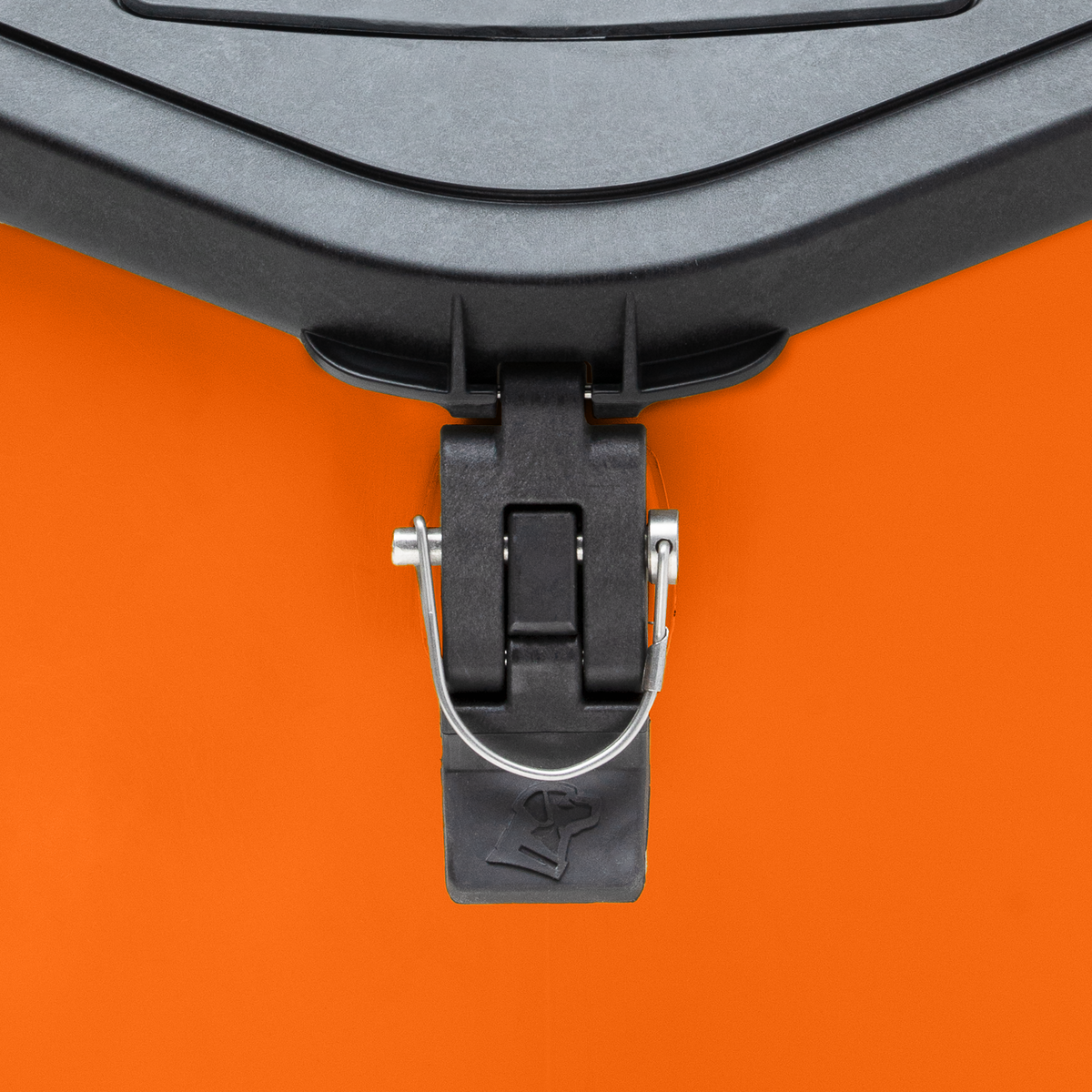 Close-up of a black plastic latch with metal wire closure securing the lid of a GUNNER FOOD CRATE - BLAZE ORANGE by GUNNER, perfect for keeping dog food fresh.