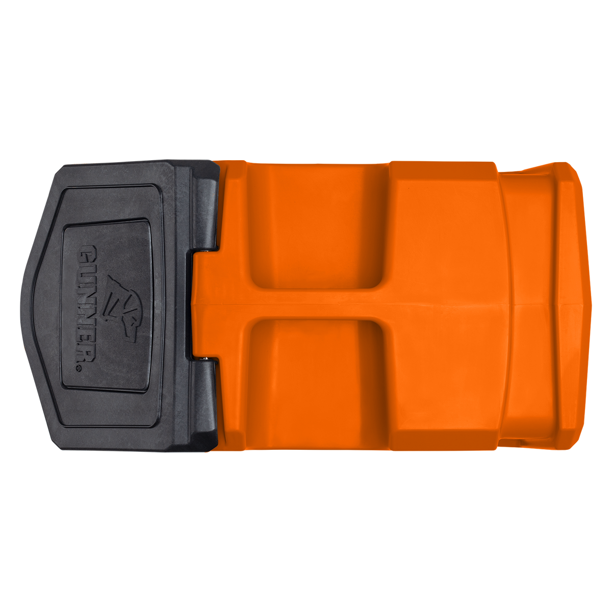 The GUNNER FOOD CRATE - BLAZE ORANGE is a limited-edition plastic dog food container with a secure, textured lid featuring GUNNER, a dog silhouette logo, and bold orange and black colors to add Color Fetch to your pet supplies.