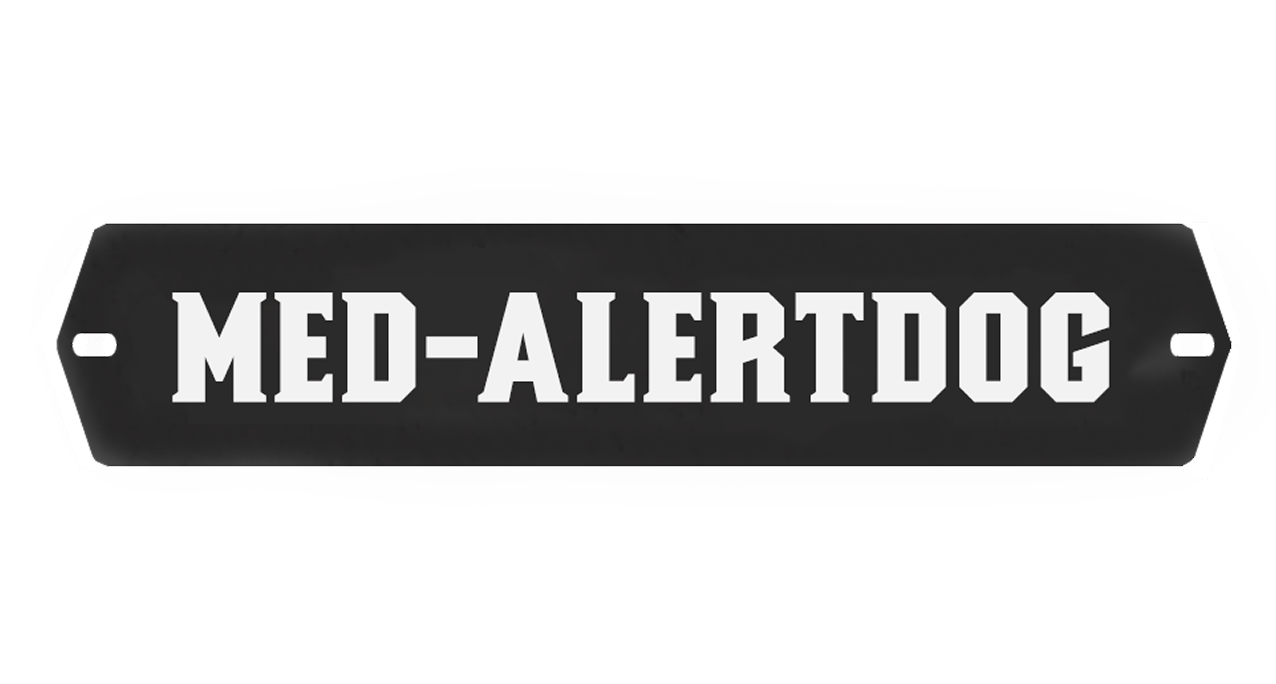 A black rectangular tag with the words MED-ALERT DOG written in bold, white, capital letters—perfect for attaching to your dog’s kennel or dog crate.