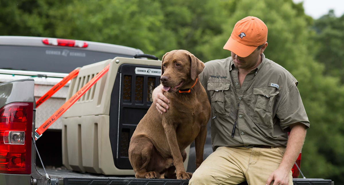 A man in an orange cap and khaki shirt sits on the tailgate of a pickup truck, petting his hunting dog. A large dog crate and outdoor gear are secured in the truck bed, with trees visible in the background.